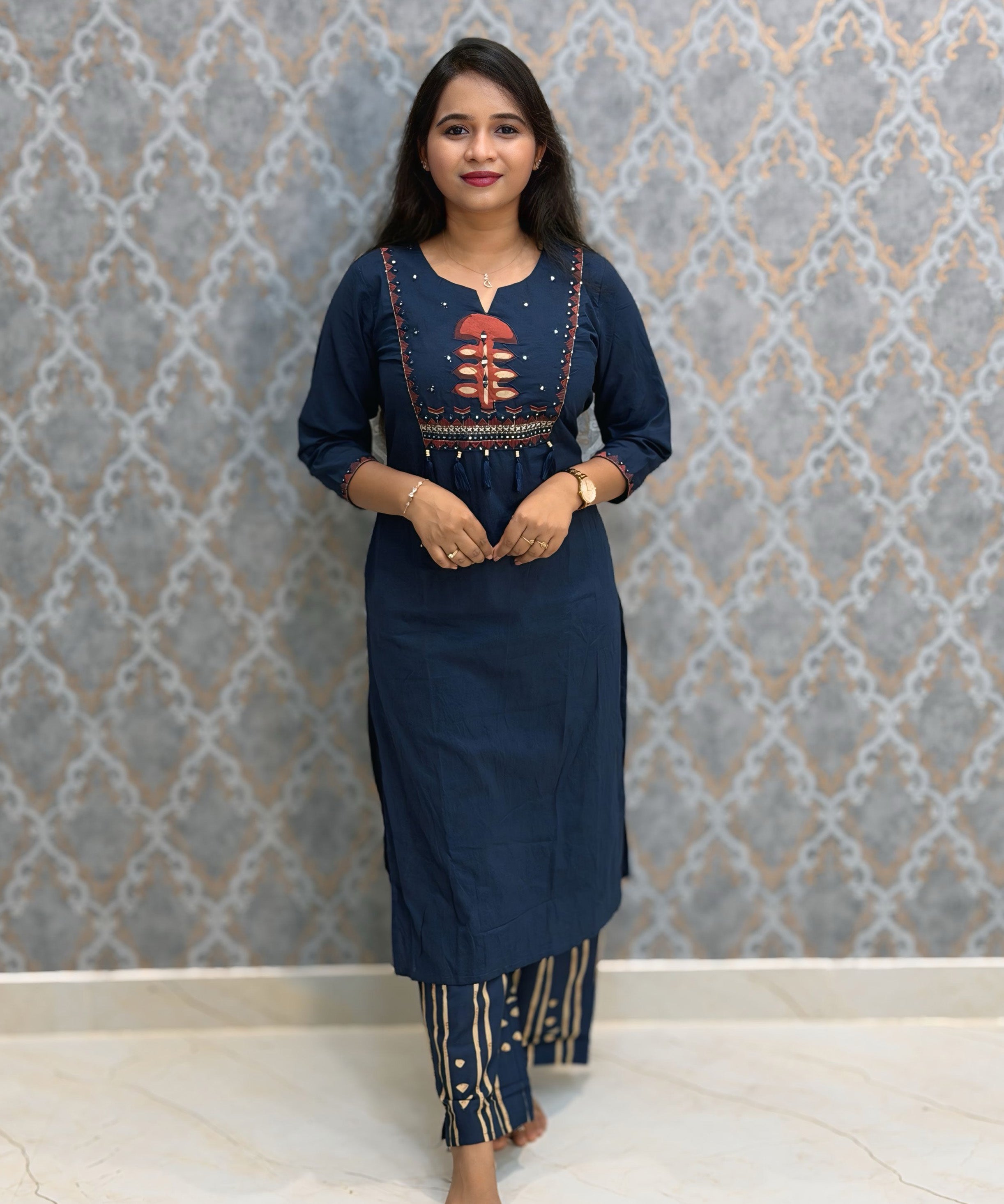 Blue with Red Color Cotton 3 Piece Salwar Set with Pocket / ESS411