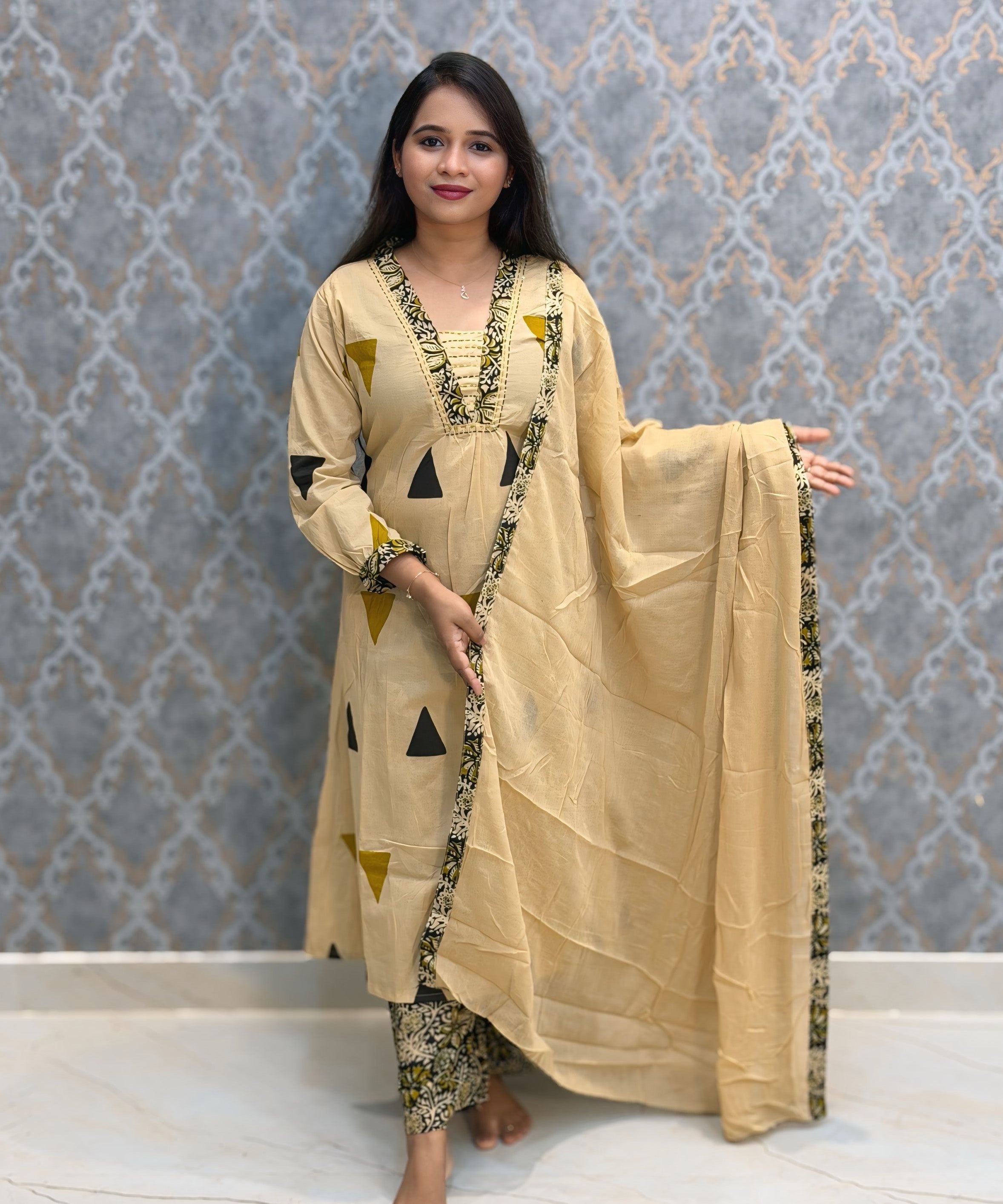 Beige and Black Color Cotton 3 Piece Salwar Set with Pocket / ESS411