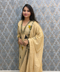 Beige and Black Color Cotton 3 Piece Salwar Set with Pocket / ESS411