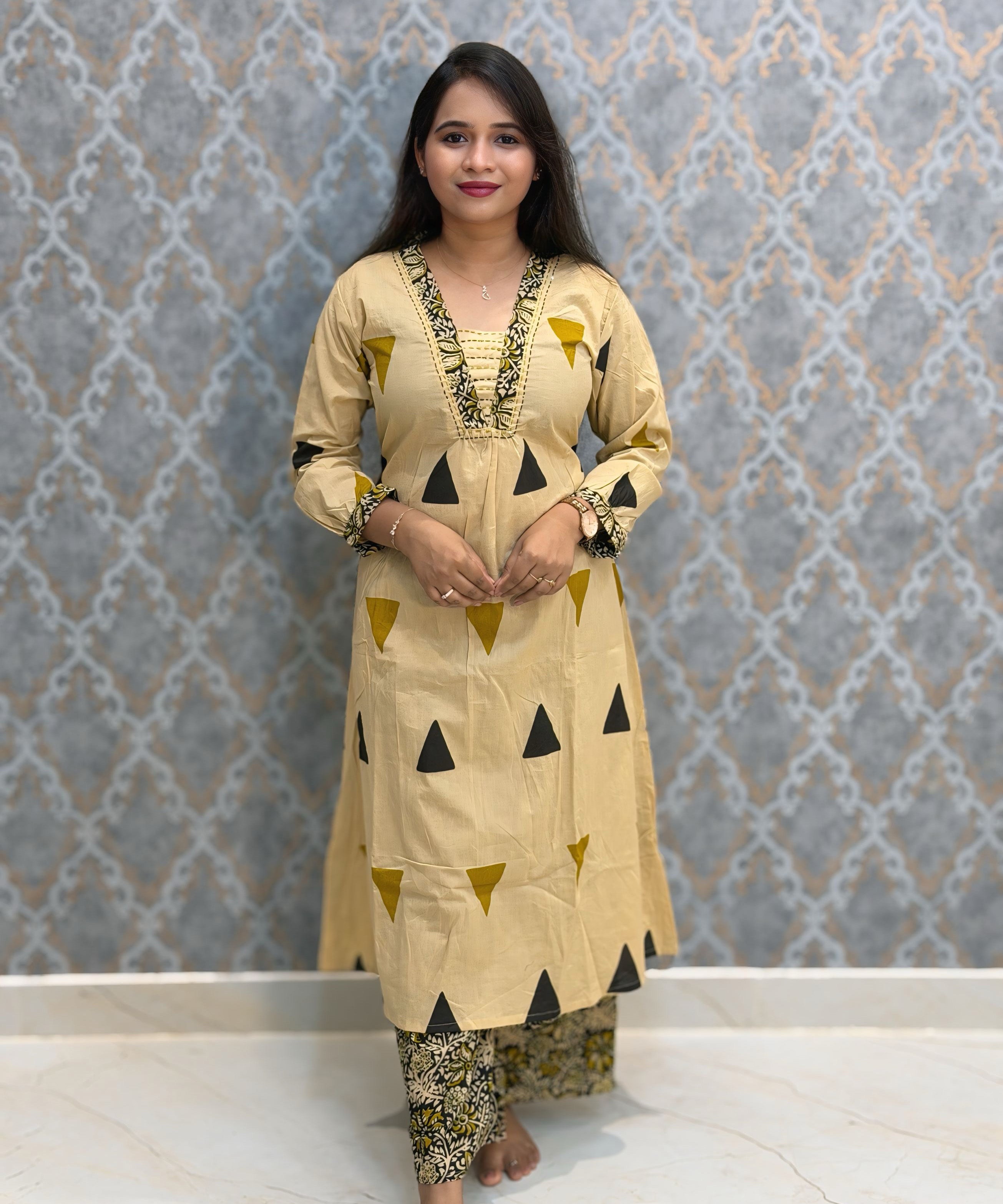 Beige and Black Color Cotton 3 Piece Salwar Set with Pocket / ESS411