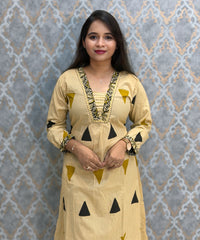 Beige and Black Color Cotton 3 Piece Salwar Set with Pocket / ESS411