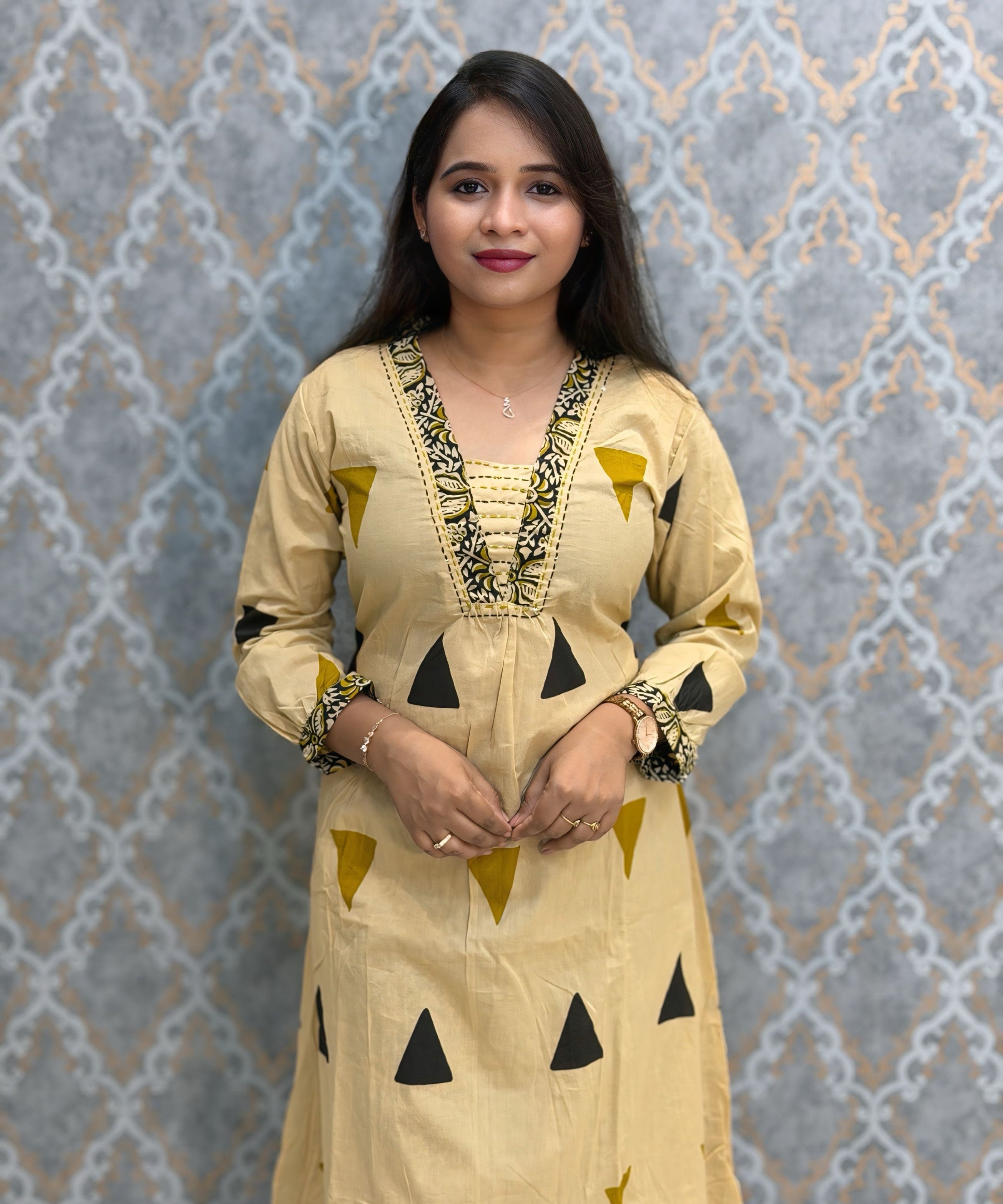 Beige and Black Color Cotton 3 Piece Salwar Set with Pocket / ESS411