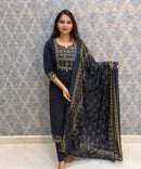 Dark Navy Blue Color Cotton 3 Piece Salwar Set with Pocket / ESS411