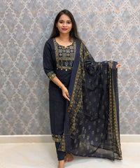 Dark Navy Blue Color Cotton 3 Piece Salwar Set with Pocket / ESS411