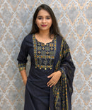 Dark Navy Blue Color Cotton 3 Piece Salwar Set with Pocket / ESS411