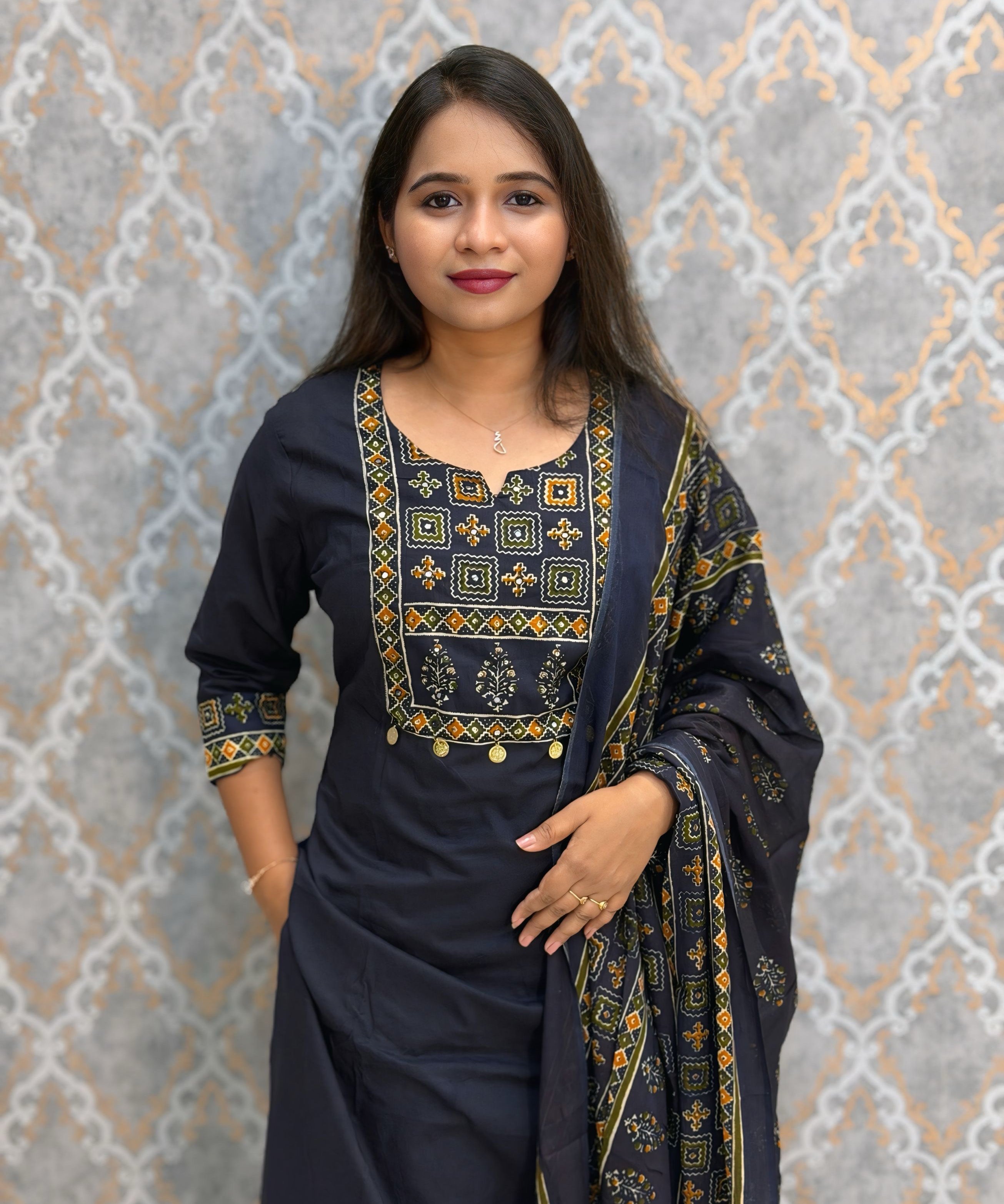 Dark Navy Blue Color Cotton 3 Piece Salwar Set with Pocket / ESS411