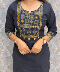 Dark Navy Blue Color Cotton 3 Piece Salwar Set with Pocket / ESS411
