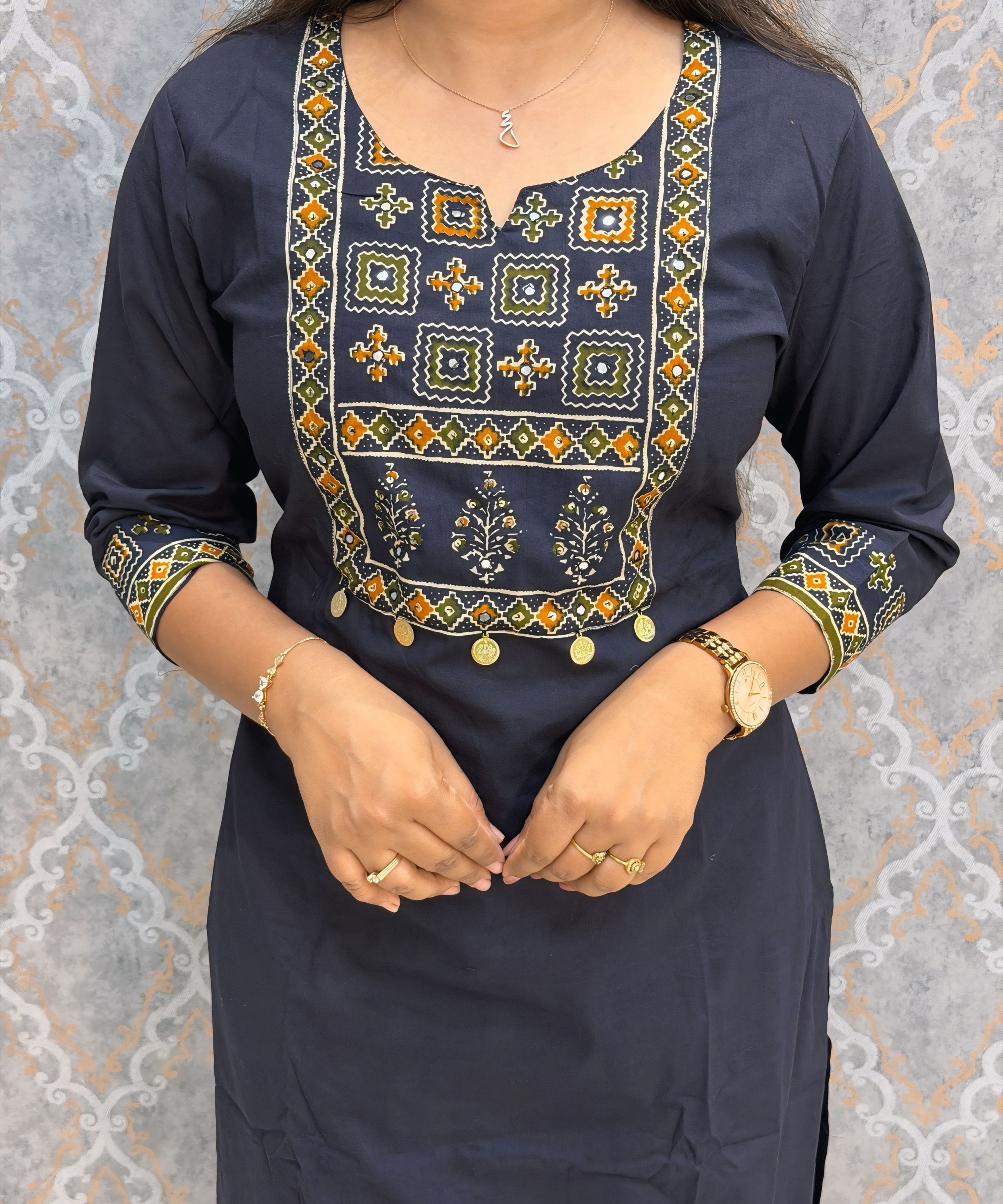 Dark Navy Blue Color Cotton 3 Piece Salwar Set with Pocket / ESS411
