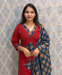 Brick Red and Blue Color Cotton 3 Piece Salwar Set / ESS411
