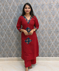 Brick Red and Blue Color Cotton 3 Piece Salwar Set / ESS411