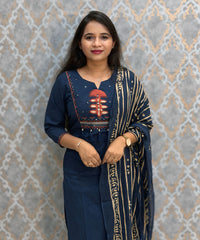 Blue with Red Color Cotton 3 Piece Salwar Set with Pocket / ESS411