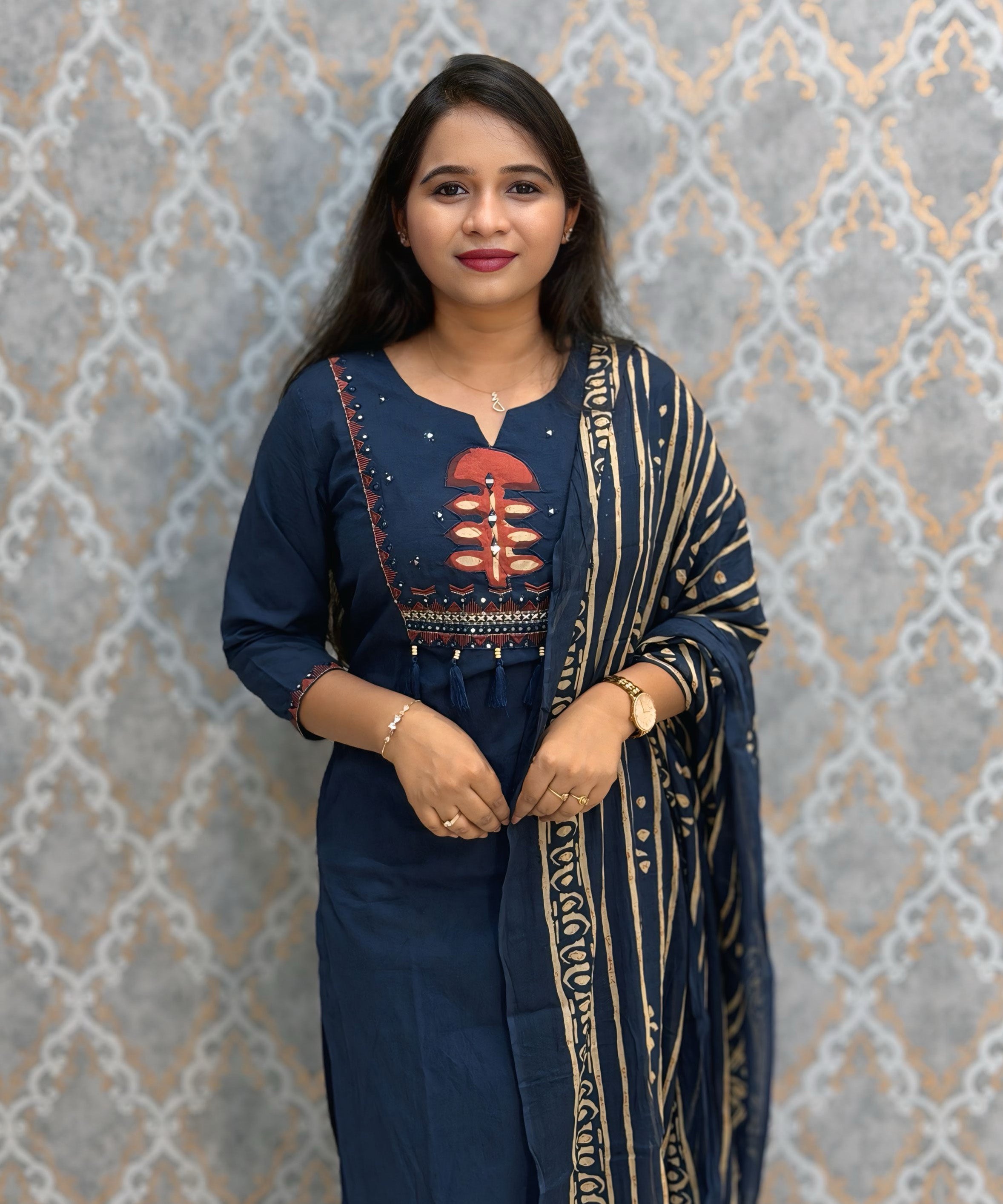 Blue with Red Color Cotton 3 Piece Salwar Set with Pocket / ESS411