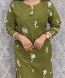 Green Color Cotton Embroidery 3 Piece Salwar Set with Pocket /  ESS375