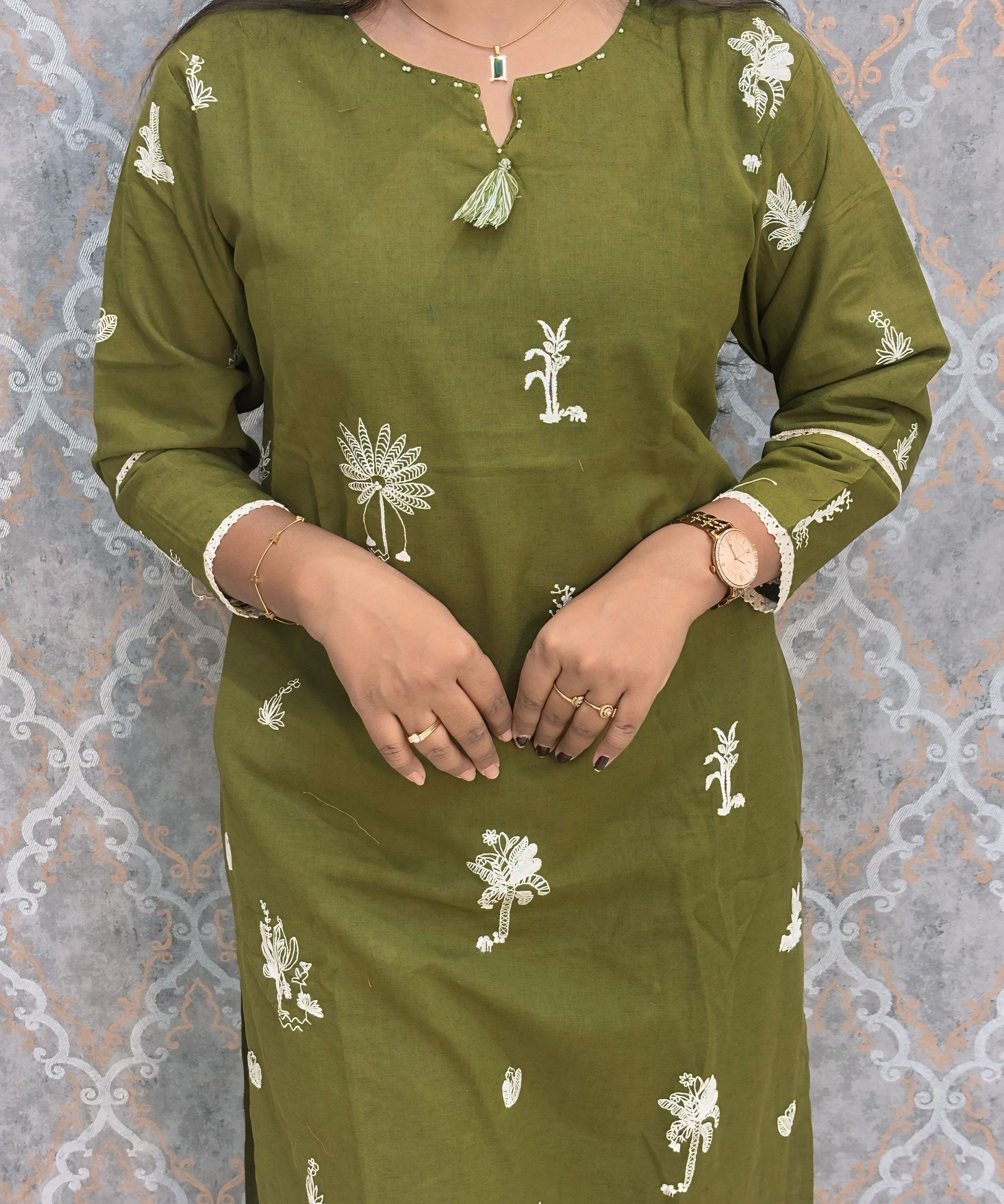 Green Color Cotton Embroidery 3 Piece Salwar Set with Pocket /  ESS375