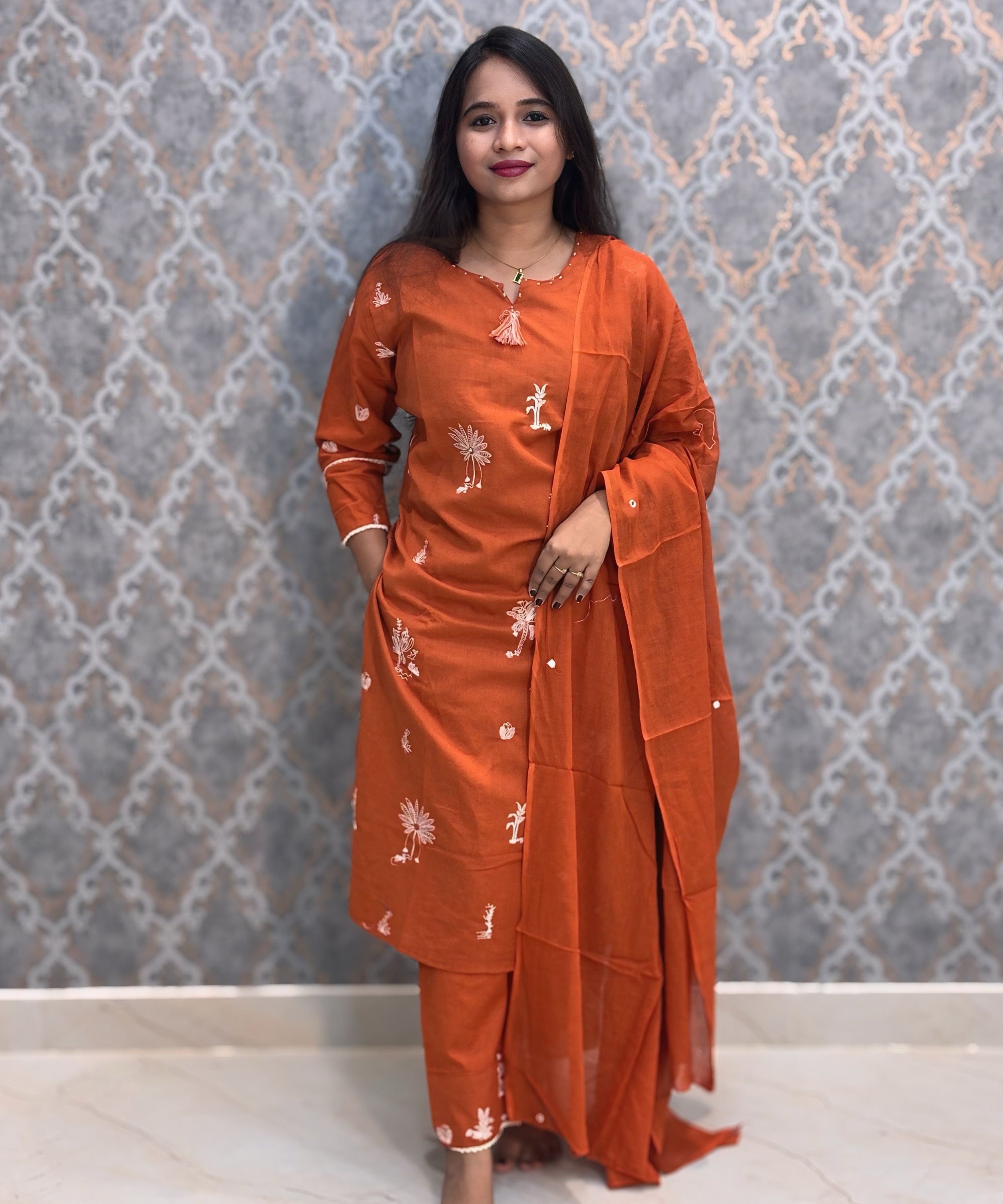 Rust Orange Color Cotton Embroidery 3 Piece Salwar Set with Pocket /  ESS375
