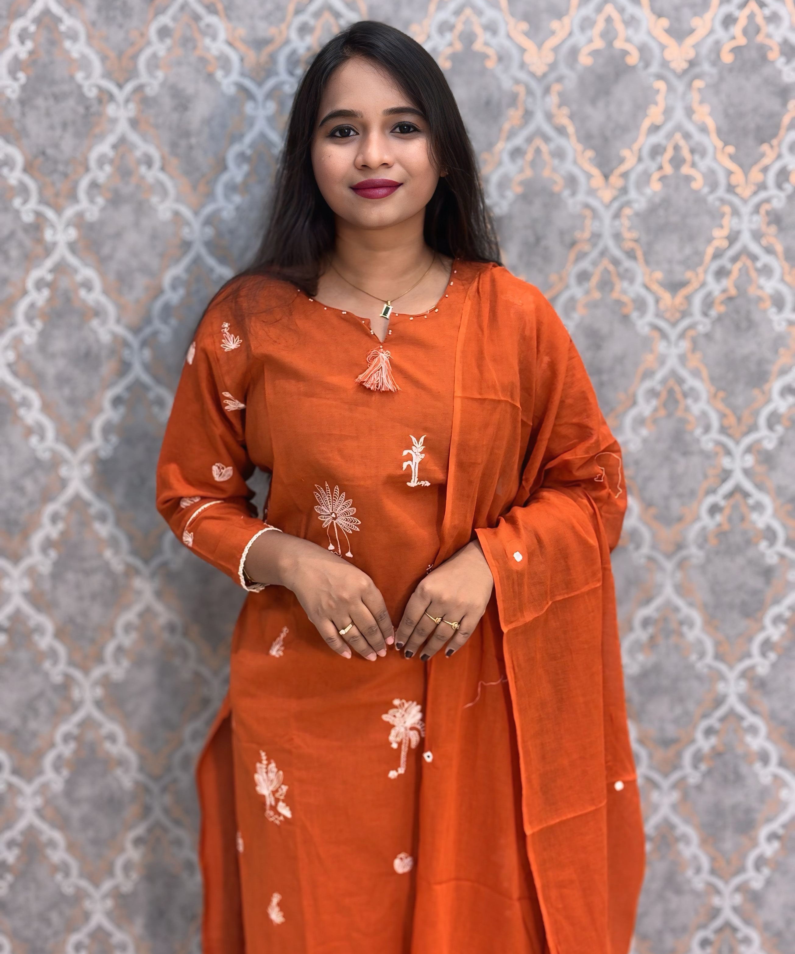 Rust Orange Color Cotton Embroidery 3 Piece Salwar Set with Pocket /  ESS375