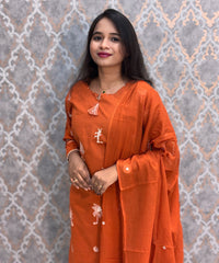 Rust Orange Color Cotton Embroidery 3 Piece Salwar Set with Pocket /  ESS375