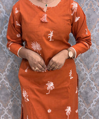 Rust Orange Color Cotton Embroidery 3 Piece Salwar Set with Pocket /  ESS375