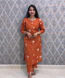 Rust Orange Color Cotton Embroidery 3 Piece Salwar Set with Pocket /  ESS375