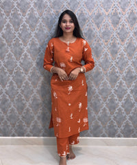 Rust Orange Color Cotton Embroidery 3 Piece Salwar Set with Pocket /  ESS375