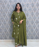 Green Color Cotton Embroidery 3 Piece Salwar Set with Pocket /  ESS375