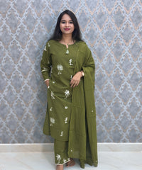 Green Color Cotton Embroidery 3 Piece Salwar Set with Pocket /  ESS375