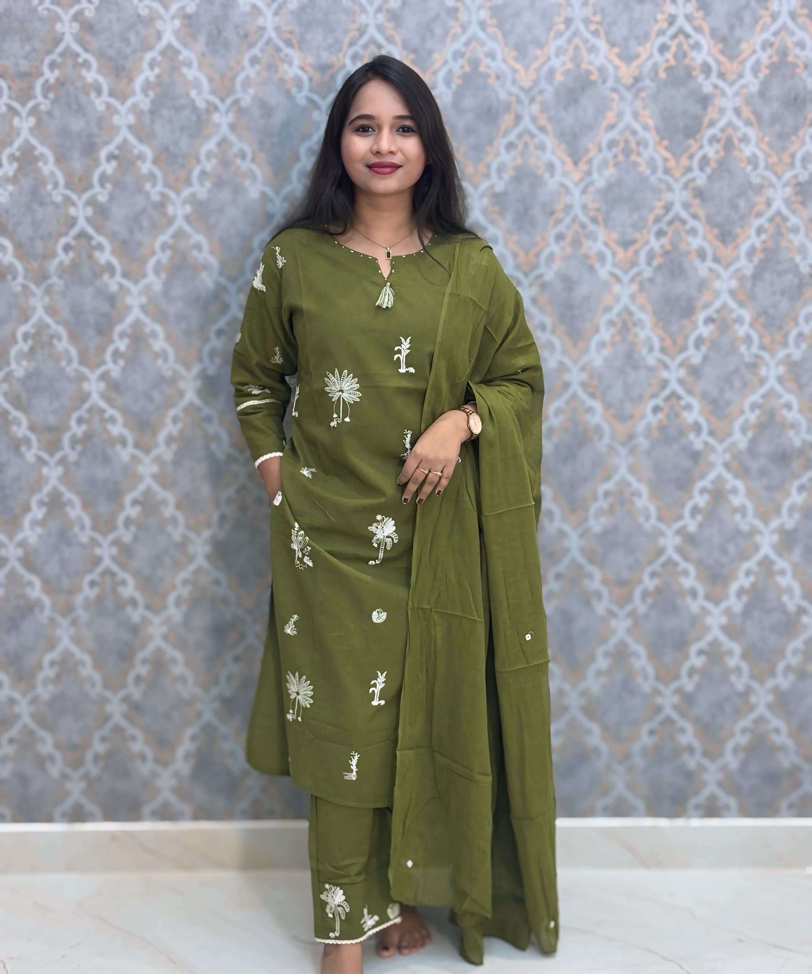 Green Color Cotton Embroidery 3 Piece Salwar Set with Pocket /  ESS375