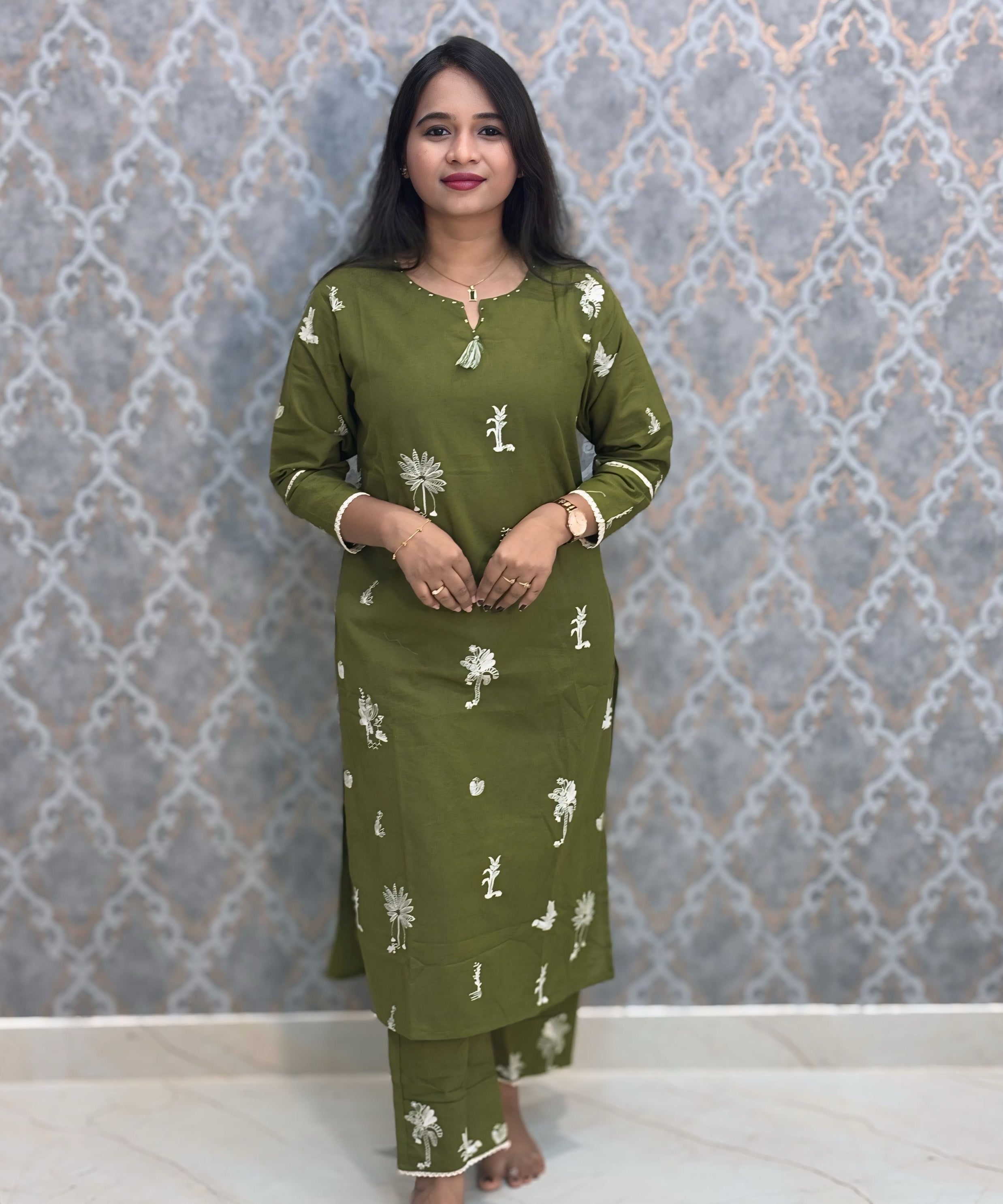 Green Color Cotton Embroidery 3 Piece Salwar Set with Pocket /  ESS375