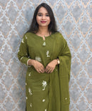 Green Color Cotton Embroidery 3 Piece Salwar Set with Pocket /  ESS375