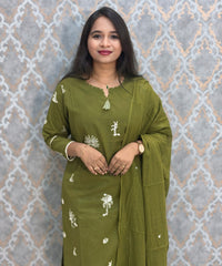 Green Color Cotton Embroidery 3 Piece Salwar Set with Pocket /  ESS375