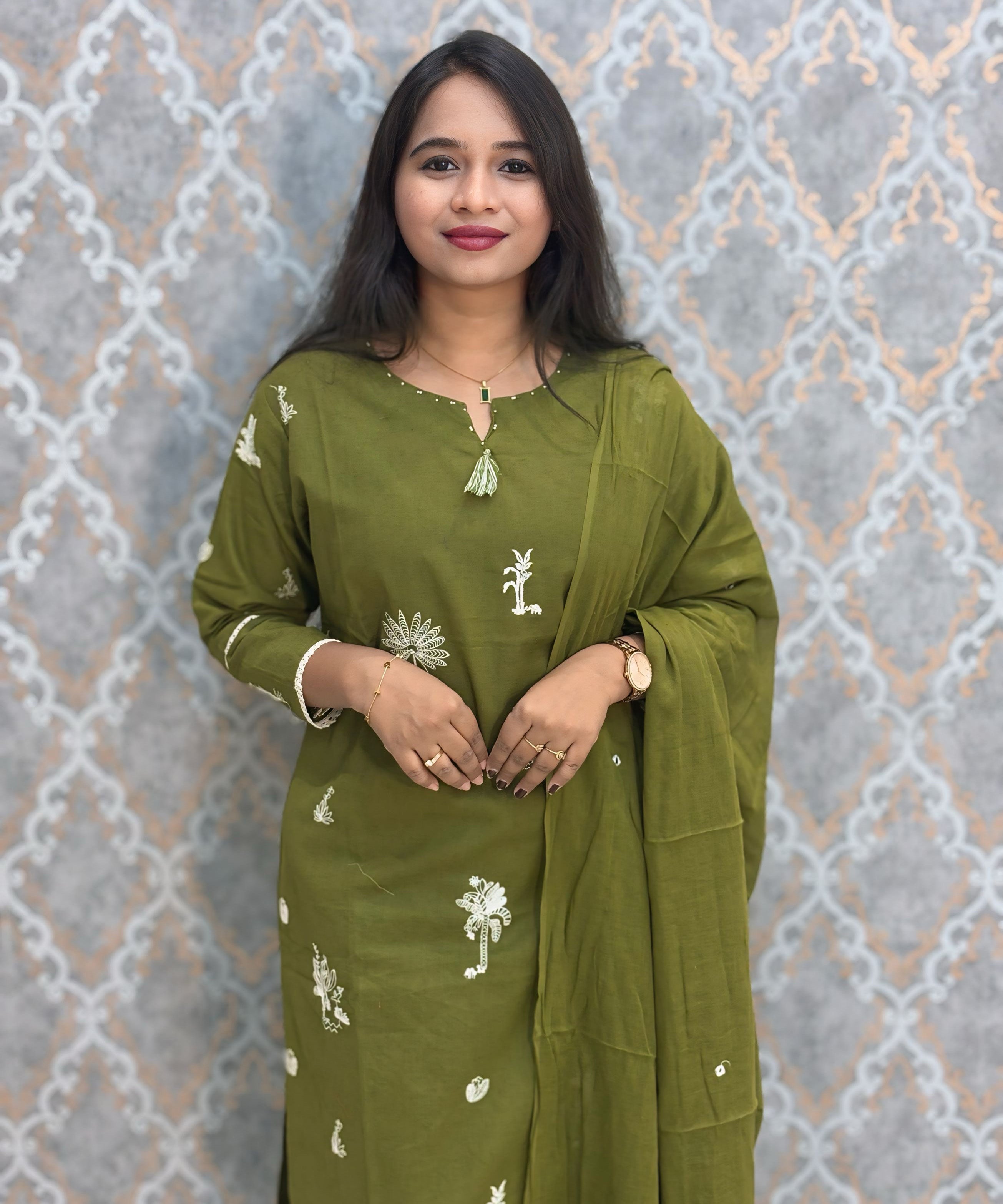 Green Color Cotton Embroidery 3 Piece Salwar Set with Pocket /  ESS375