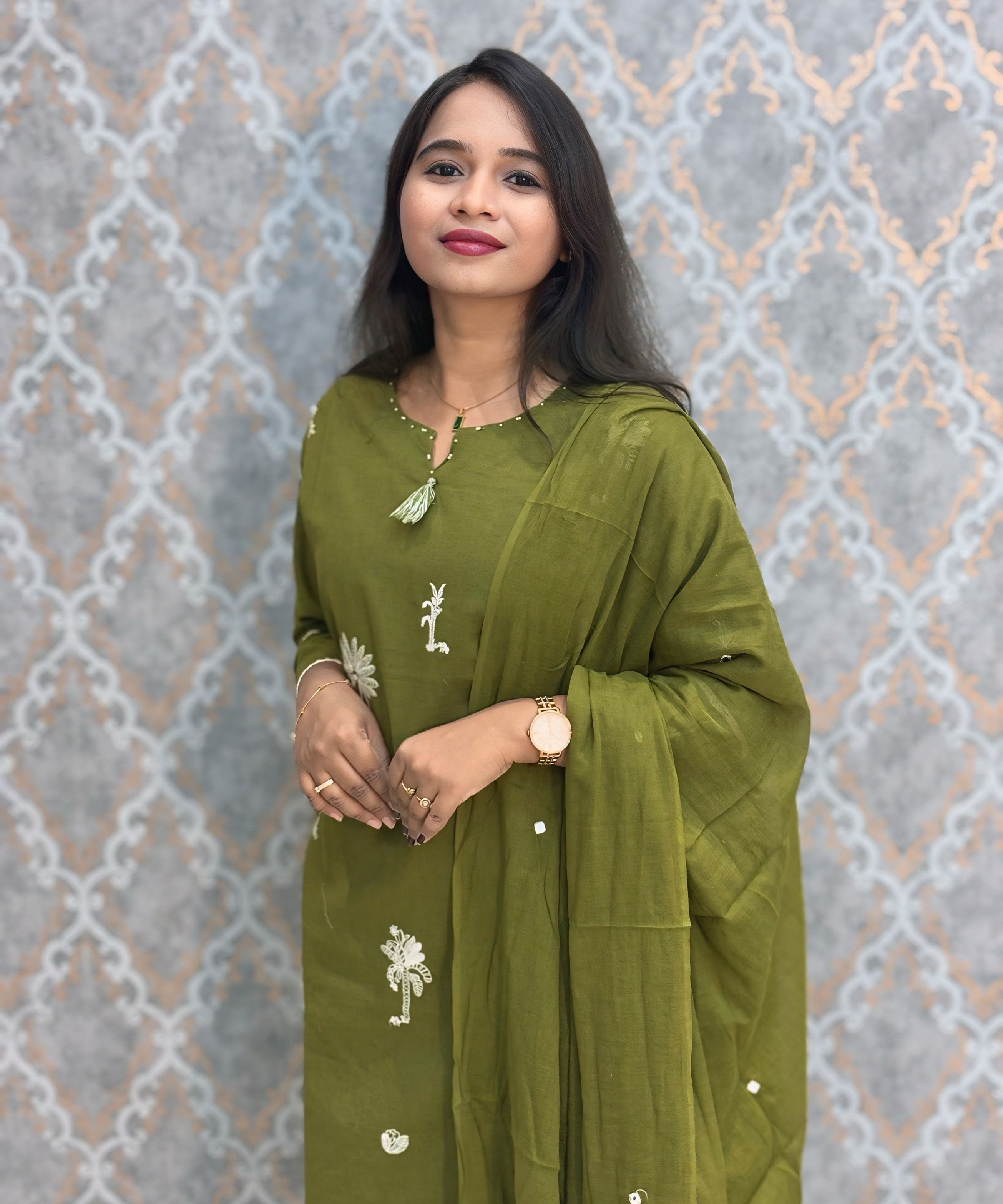 Green Color Cotton Embroidery 3 Piece Salwar Set with Pocket /  ESS375