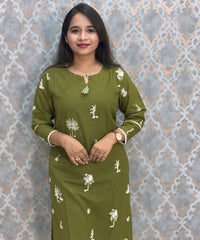 Green Color Cotton Embroidery 3 Piece Salwar Set with Pocket /  ESS375