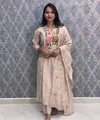 Cream Color Premium Mul Chanderi Silk Embroidery 3 Piece Salwar Set with Lining /  ESS374