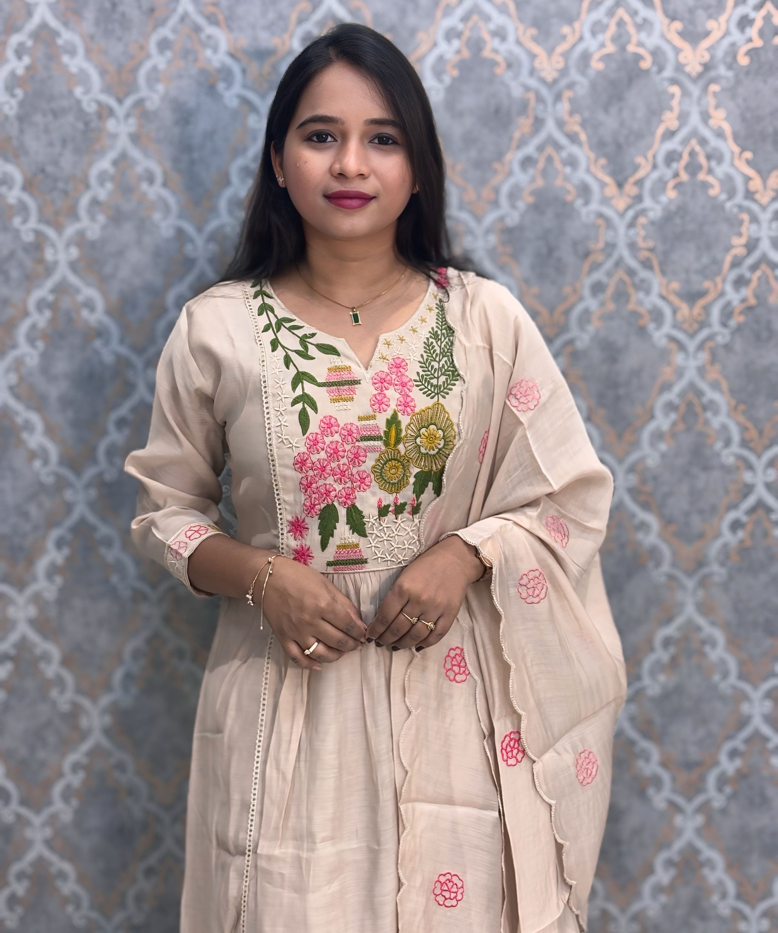 Cream Color Premium Mul Chanderi Silk Embroidery 3 Piece Salwar Set with Lining /  ESS374