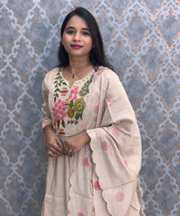 Cream Color Premium Mul Chanderi Silk Embroidery 3 Piece Salwar Set with Lining /  ESS374