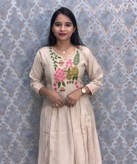 Cream Color Premium Mul Chanderi Silk Embroidery 3 Piece Salwar Set with Lining /  ESS374