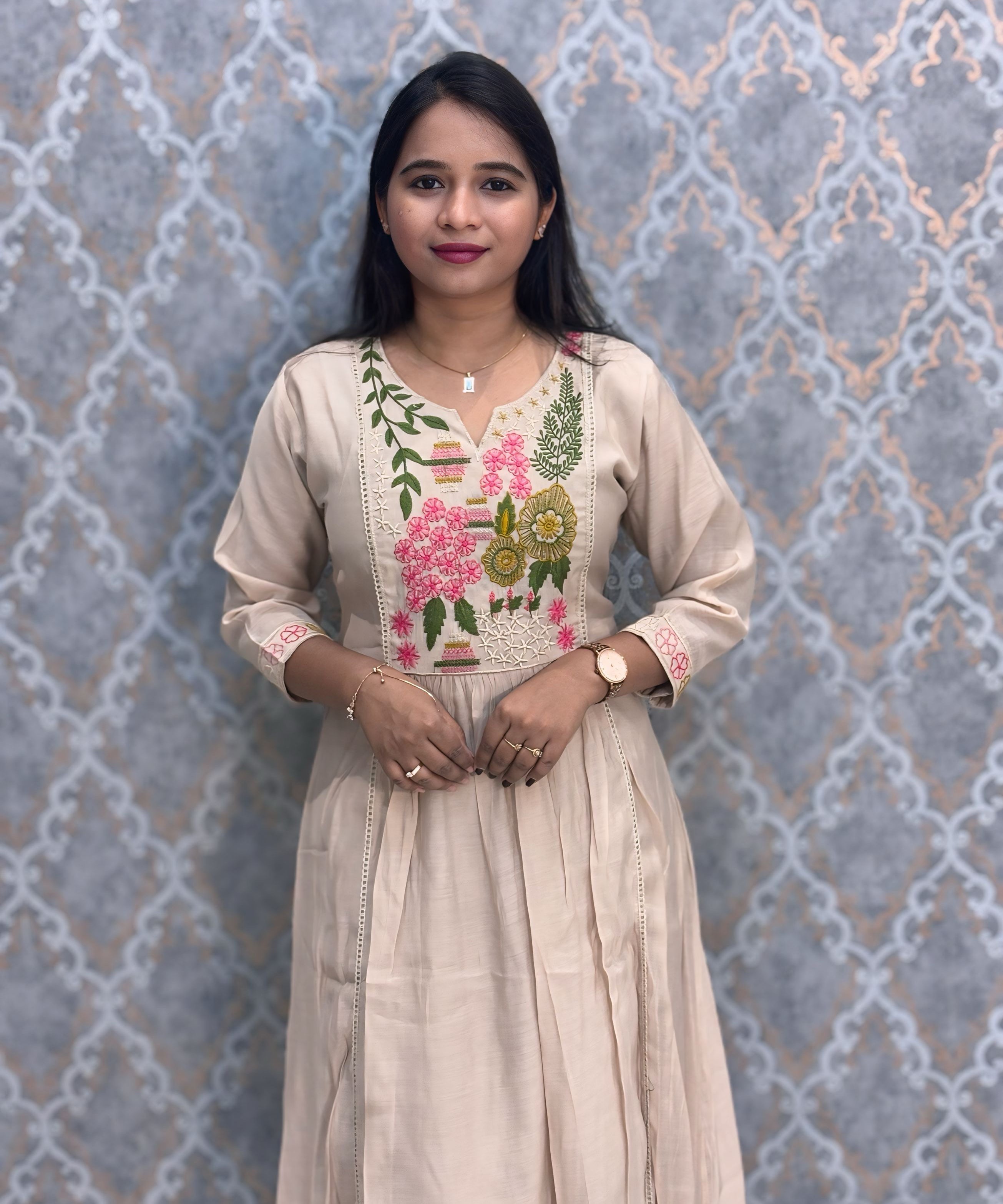 Cream Color Premium Mul Chanderi Silk Embroidery 3 Piece Salwar Set with Lining /  ESS374