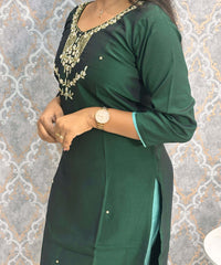 Dark Green Color Premium 3 Piece Salwar Set with Pocket and Printed Organza Dupatta / ESS353