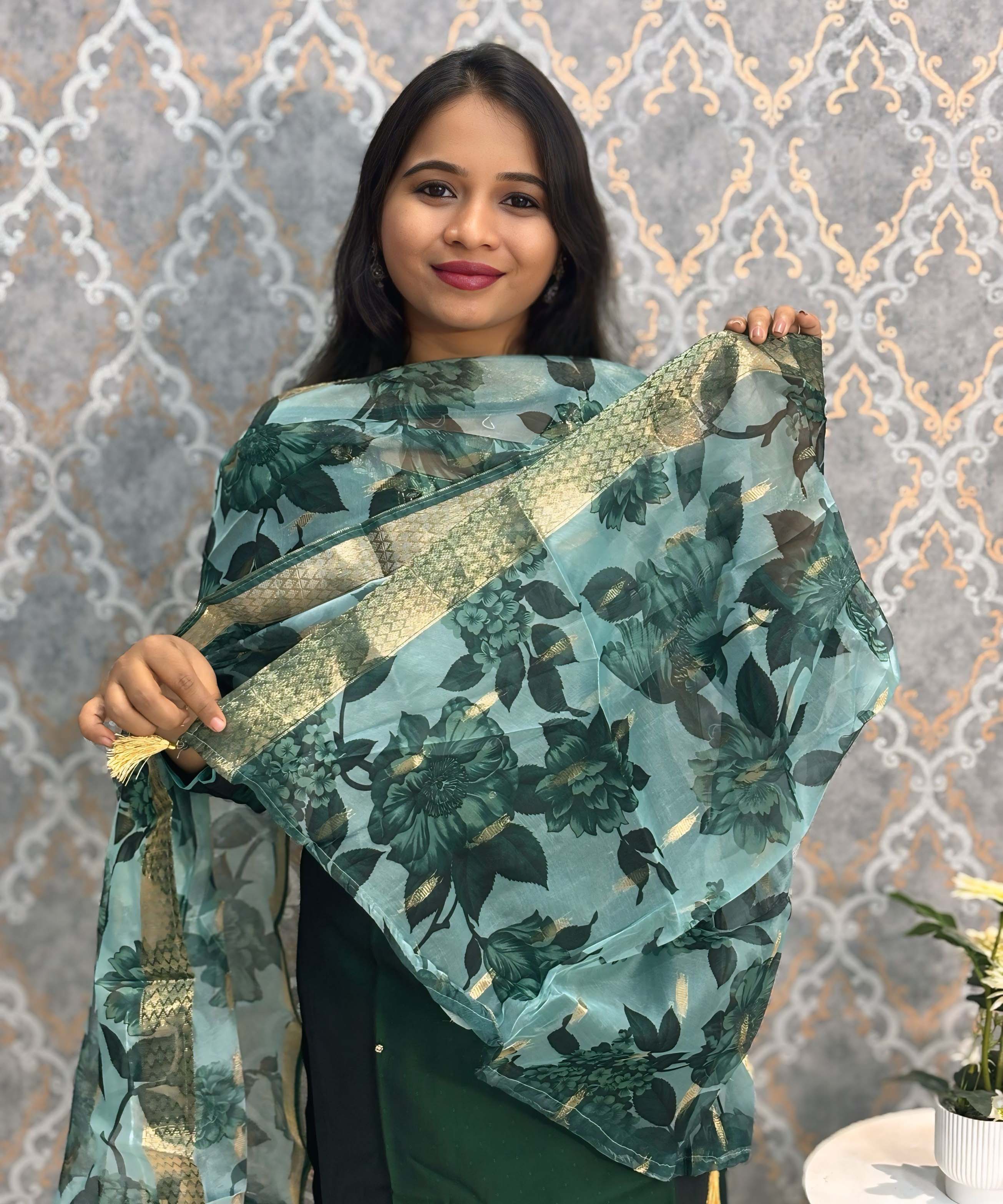 Dark Green Color Premium 3 Piece Salwar Set with Pocket and Printed Organza Dupatta / ESS353