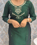 Dark Green Color Premium 3 Piece Salwar Set with Pocket and Printed Organza Dupatta / ESS353
