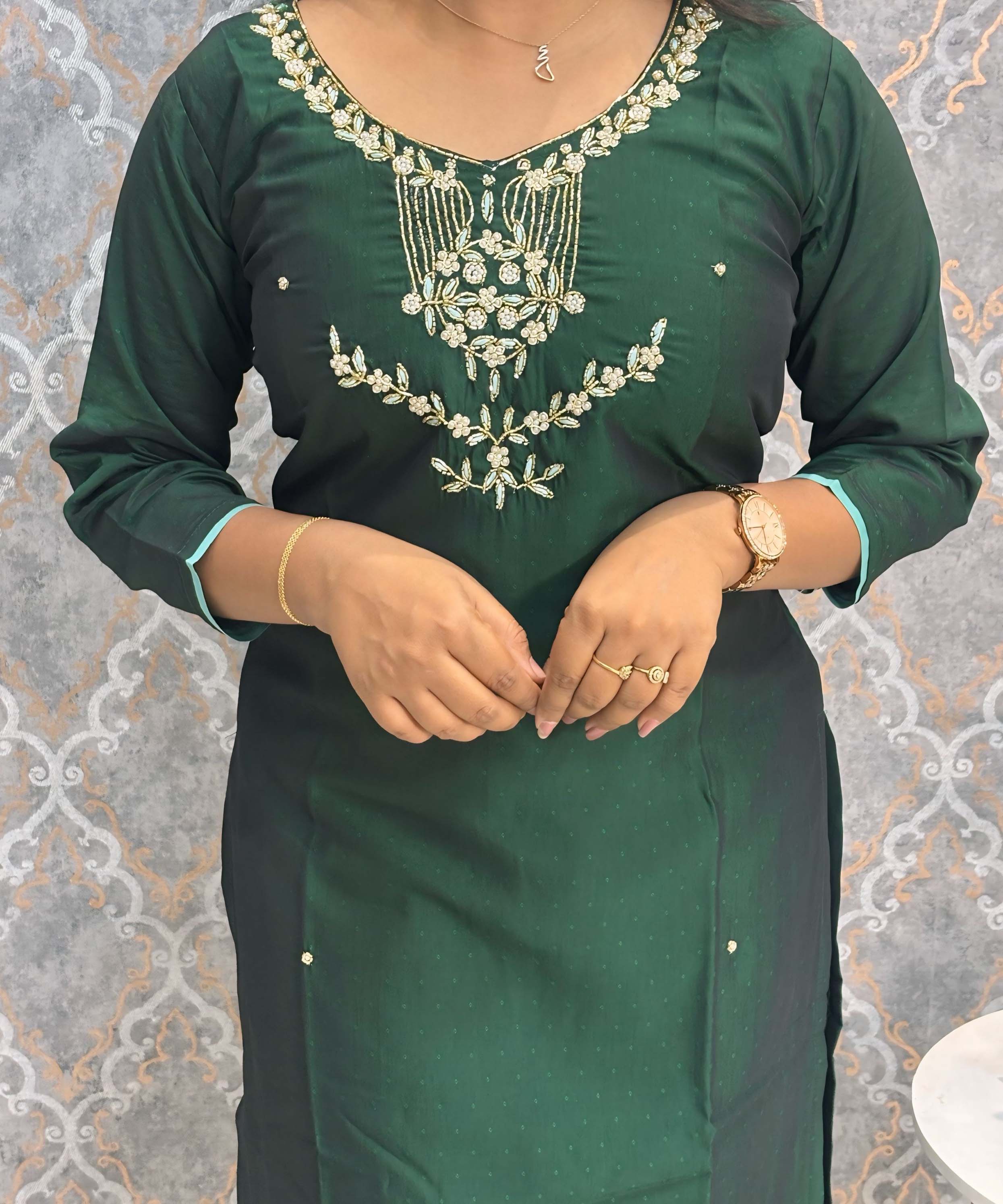 Dark Green Color Premium 3 Piece Salwar Set with Pocket and Printed Organza Dupatta / ESS353