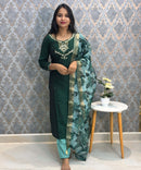 Dark Green Color Premium 3 Piece Salwar Set with Pocket and Printed Organza Dupatta / ESS353