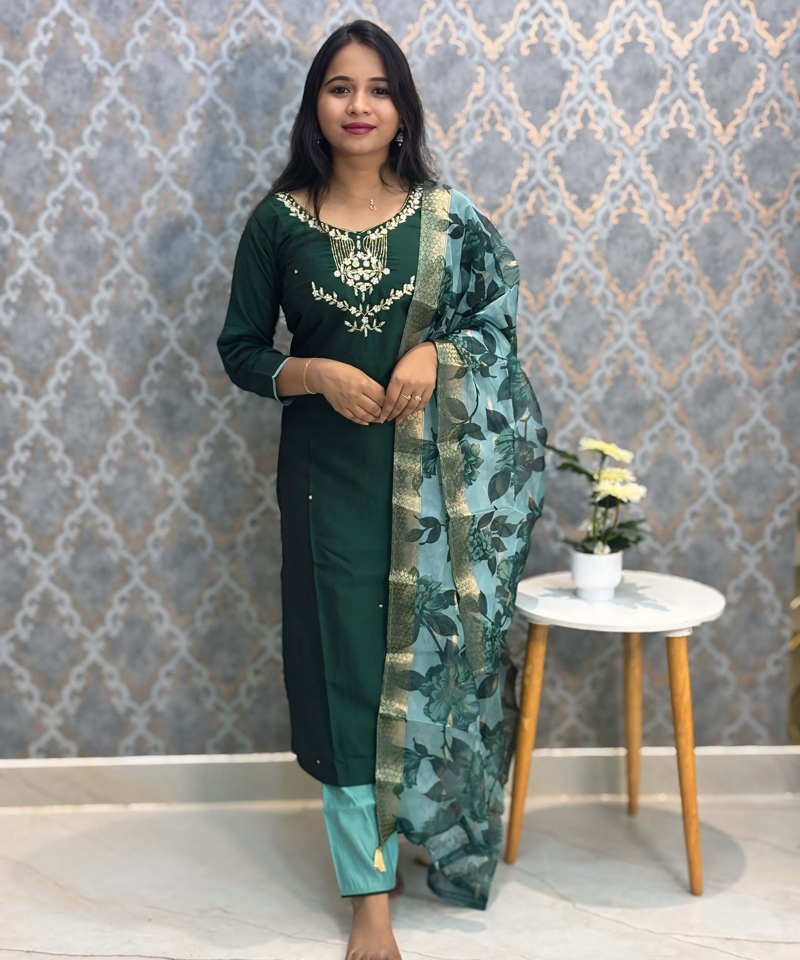 Dark Green Color Premium 3 Piece Salwar Set with Pocket and Printed Organza Dupatta / ESS353