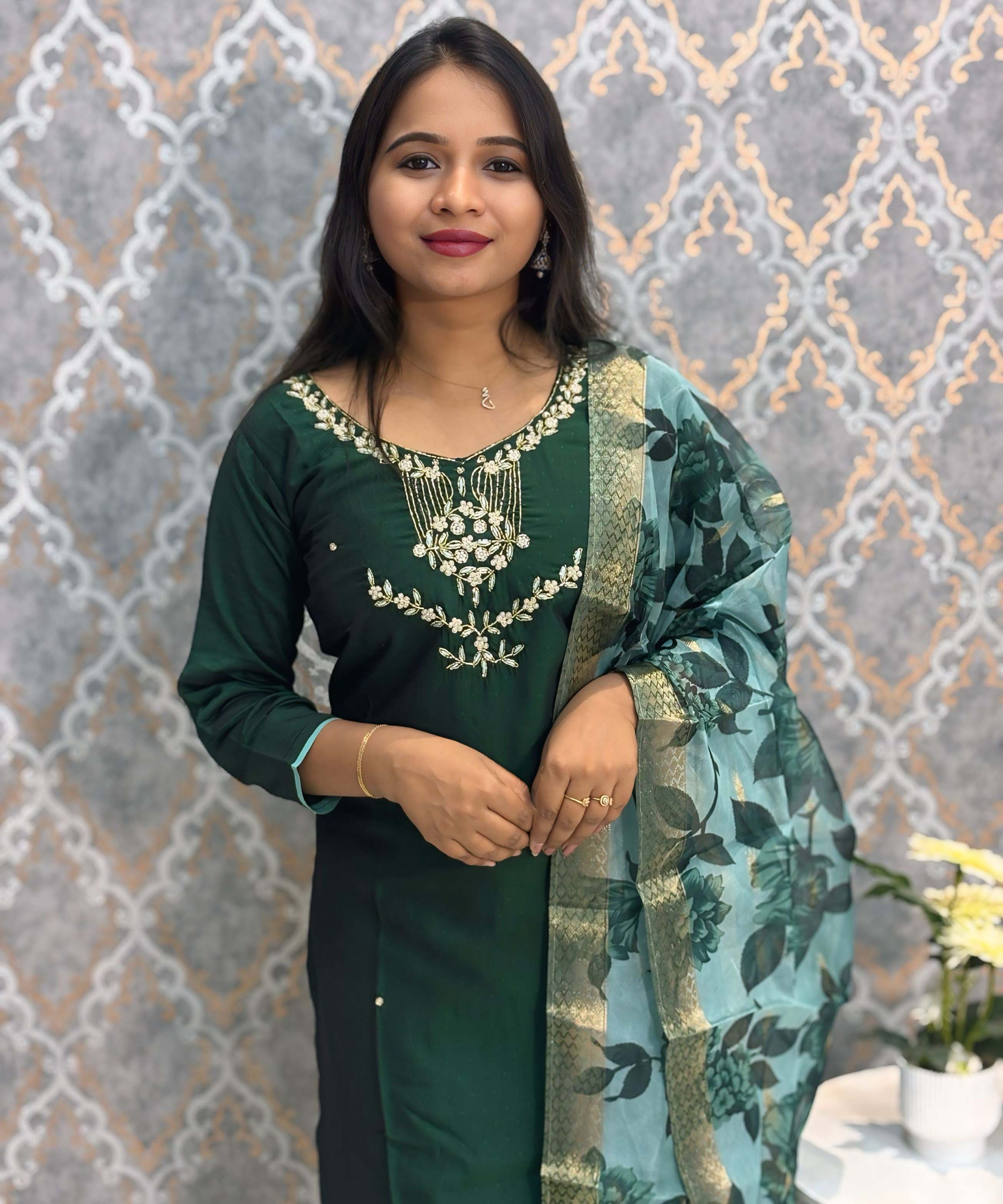 Dark Green Color Premium 3 Piece Salwar Set with Pocket and Printed Organza Dupatta / ESS353