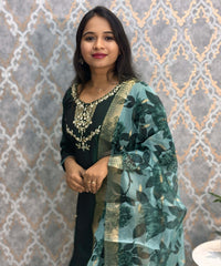 Dark Green Color Premium 3 Piece Salwar Set with Pocket and Printed Organza Dupatta / ESS353