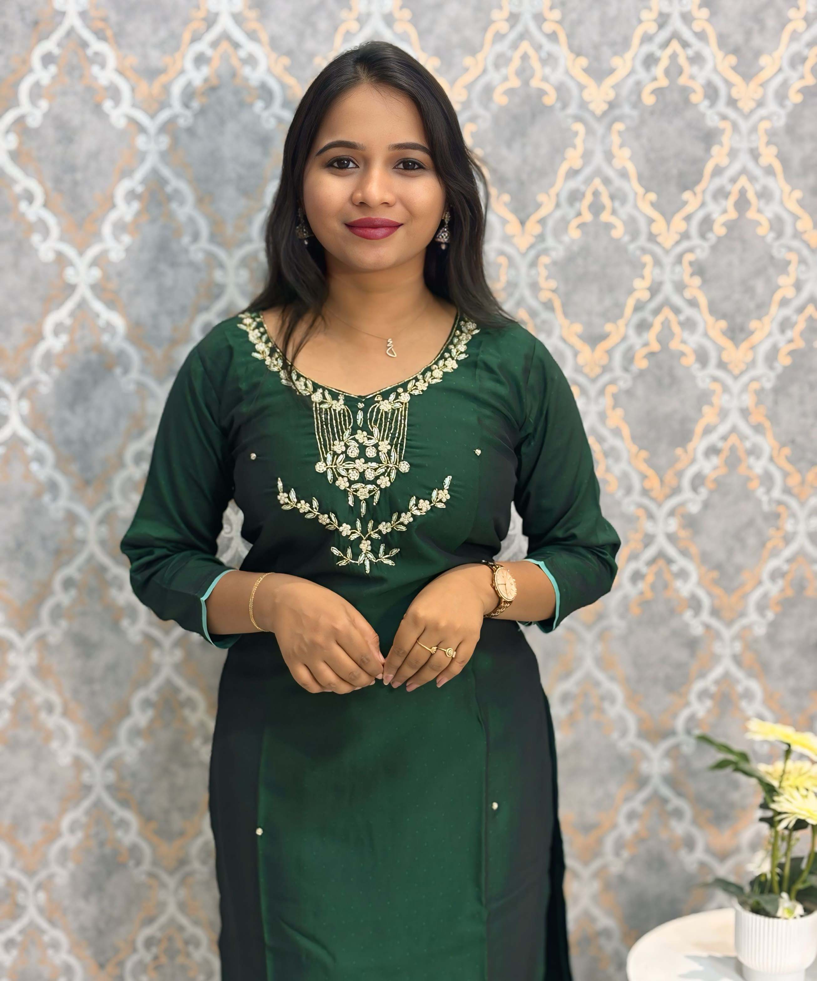 Dark Green Color Premium 3 Piece Salwar Set with Pocket and Printed Organza Dupatta / ESS353
