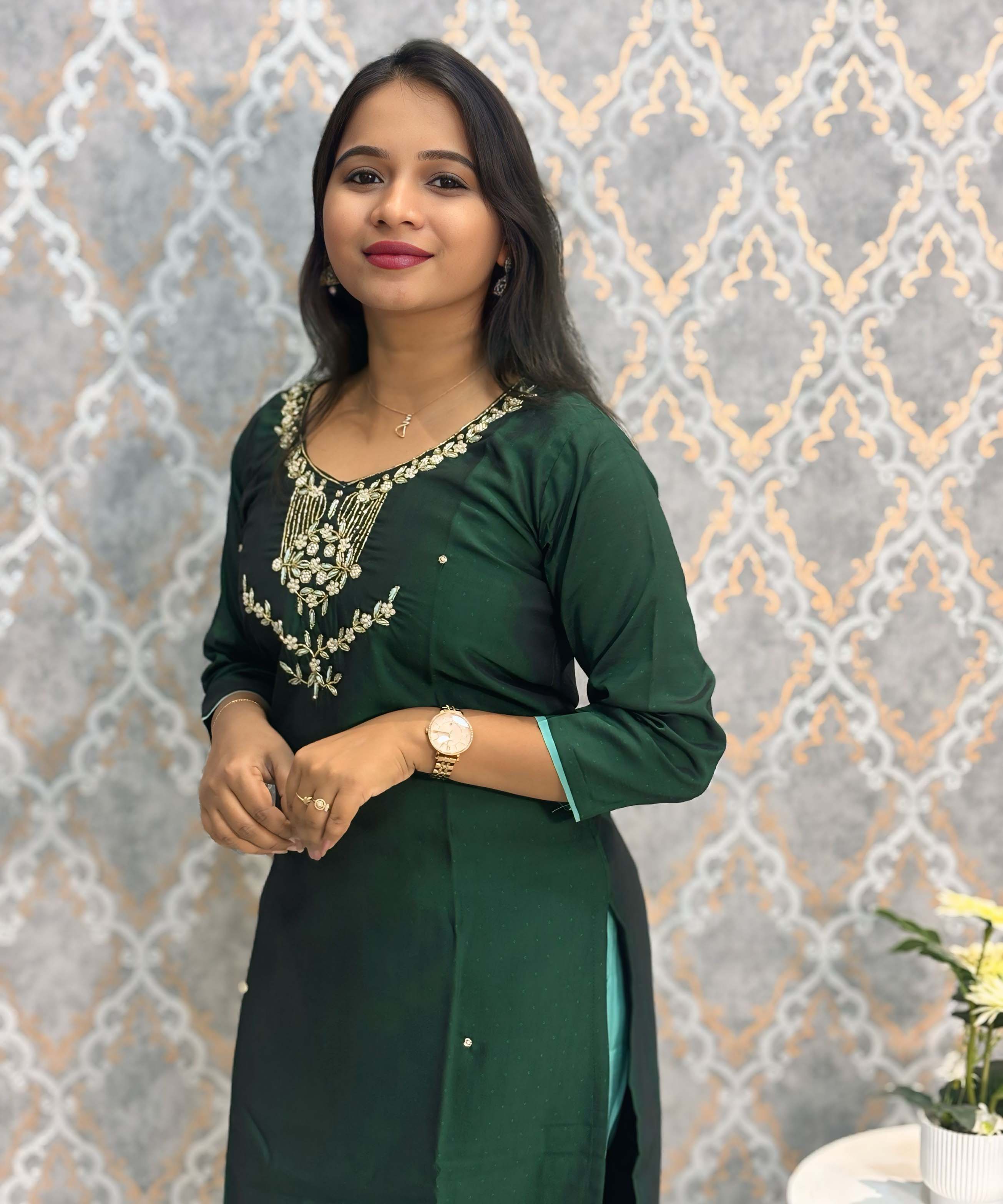Dark Green Color Premium 3 Piece Salwar Set with Pocket and Printed Organza Dupatta / ESS353