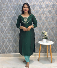 Dark Green Color Premium 3 Piece Salwar Set with Pocket and Printed Organza Dupatta / ESS353