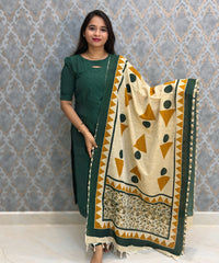 Dark Green Premium Handloom Raw Silk 3 Piece Salwar Set with Lining / HL040